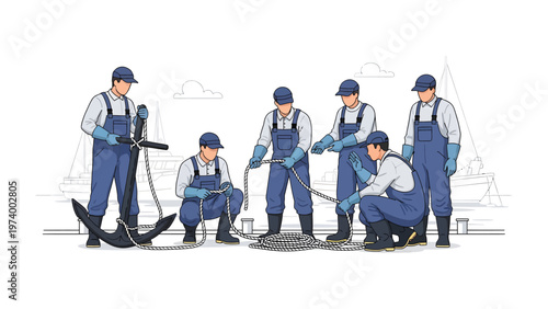 Harbor Crew in Action: A team of skilled harbor workers meticulously handles ropes, an anchor, and other equipment, ensuring a seamless operation in a bustling maritime environment.
