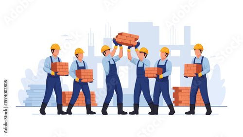 Constructing Harmony: A team of builders collaborates seamlessly, meticulously moving bricks. The image evokes a sense of unity, hard work, and the tangible creation of something new.