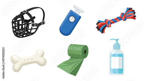 Dog Care Essentials: Pet Muzzle, Training Clicker, Chew Toys, Waste Bags, and Shampoo Bottle Illustrations Set
