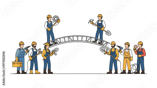 Building Bridges: A dedicated team of builders unites to construct a bridge, symbolizing collaboration, engineering, and the strength of shared effort.