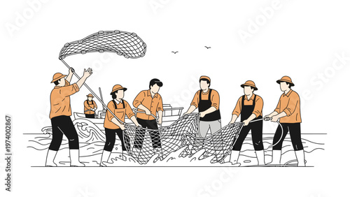 Fishing Team: A cohesive group of fishing team members expertly cast their nets at sea, embodying the essence of teamwork and dedication in their craft.
