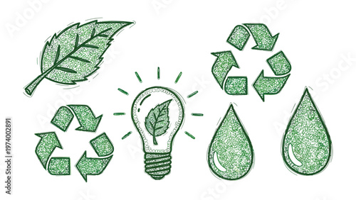 Eco-Friendly Sketches: Artistic sketches of vital symbols such as recycling symbols, leaves, and water droplets, promoting themes of sustainability and environmental preservation.