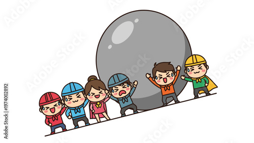 Diverse cartoon team pushing a heavy boulder uphill, symbolizing collective effort and overcoming obstacles