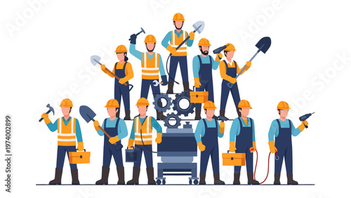 Team of Skilled Tradespeople: An illustration showcasing a cohesive group of construction workers, each displaying their individual skill with tools.