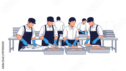 Crafting Fish: A team of skilled workers, clad in aprons and gloves, meticulously processes fresh fish at an industrial facility.