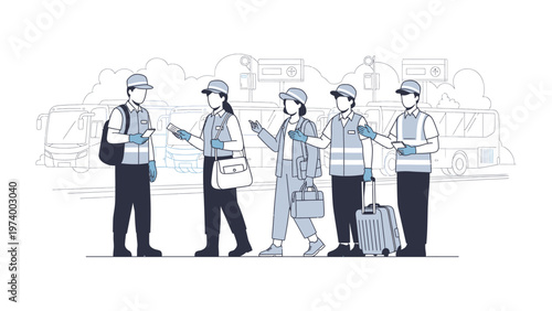 A Line of Professionals: A group of professionals, likely in a transportation or service role, stand in line, possibly awaiting a bus or other vehicle. Captured with line art style.