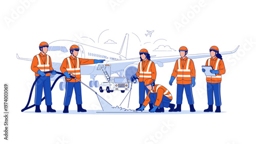 Aircraft Maintenance Crew: A dedicated team of aviation professionals diligently works on an aircraft, ensuring it's in top condition. This illustration captures the precision, teamwork.