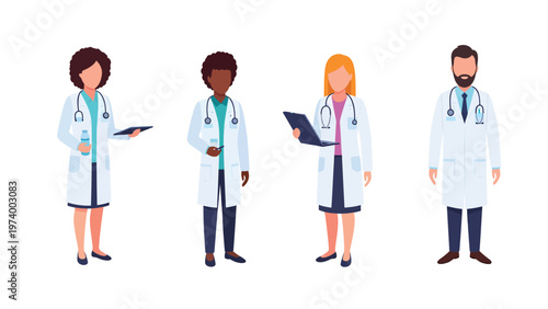 Diverse Medical Team Illustration. Healthcare Professionals in Lab Coats with Stethoscopes.