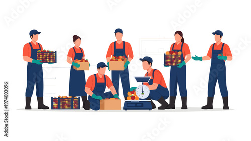 Harvest Harmony: A vibrant scene unfolds as dedicated workers, their hands cradling the bounty, prepare a fresh harvest of produce for the market.