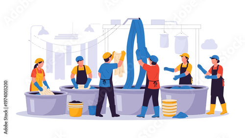 Textile Factory Workers at Work: Illustrative depiction of dedicated textile factory workers engaged in dyeing and washing fabric, showcasing meticulous craft and industrial processes.