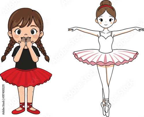Cute little ballerina girls wearing ballet tutu dresses dancing cartoon children character vector illustration set