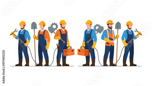 Team of construction worker: a group of construction worker with tools in their hands in their uniforms, ready to go in front of the viewer.