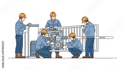 The Engine's Assembly: A group of skilled workers, clad in safety attire, collaborate diligently to assemble an industrial engine, showcasing precision and teamwork. 