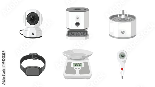 Modern Smart Pet Care Devices: Automated Feeder, Water Fountain, Camera, Tracker, Scale, and Thermometer