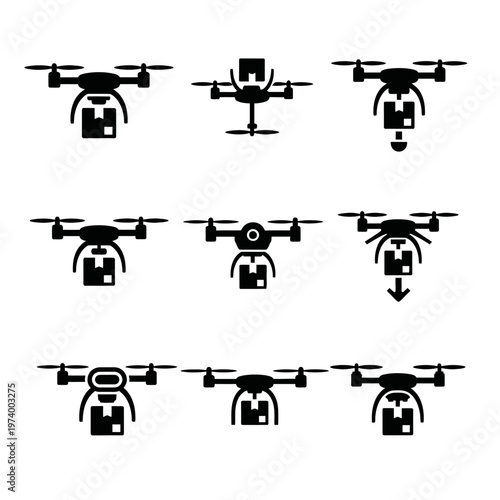 Drone Delivery Icons Set: Flying Quadcopters with Packages, Logistics Icons