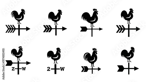 Rooster Weather Vane Icons: Set of 8 Black Silhouettes
