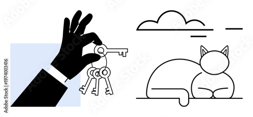 Real estate, security access, pet ownership, home living, minimalism, creativity. A hand holds keys next to a stylized line-art cat. Real estate and security access
