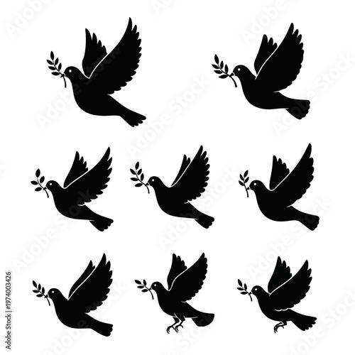 Set of Black Silhouettes of Doves with Olive Branches - Peace Symbol