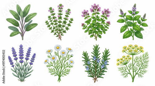 Botanical illustration set of aromatic culinary and medicinal herbs including sage, thyme, mint, lavender, chamomile, rosemary, and dill on white background.
