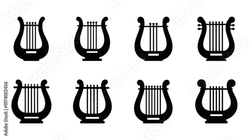 Set of eight ancient lyre musical instruments, black silhouettes on white background