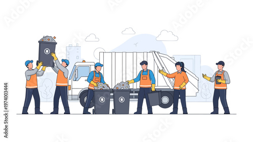 Community Cleanup Crew: A team of dedicated individuals diligently manages waste disposal, emptying bins into a sanitation truck, symbolizing teamwork, and environmental responsibility