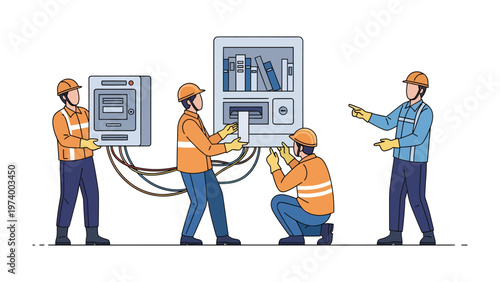 Engineers at Work: A team of skilled engineers collaborates to install intricate electrical components, demonstrating precision and expertise in a technological setting. 