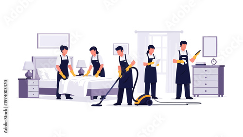 Precision Cleaning Team in Action: A meticulous cleaning team meticulously tidies a room, showcasing dedication and service. Cleanliness, efficiency.
