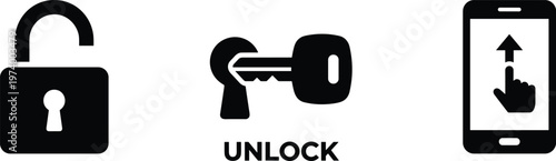 Illustration shows an unlocked padlock, a key in a keyhole, and a hand gesture to unlock a mobile device