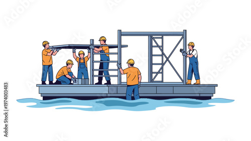 Constructing on the Water: A team of construction workers diligently collaborate on a structure afloat on water, showcasing precision, coordination, and the art of building