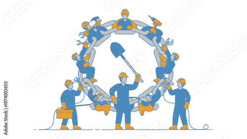 Construction Circle: A group of construction workers form a collaborative circle, united in purpose, working together to achieve a common goal, highlighting teamwork, engineering and construction.