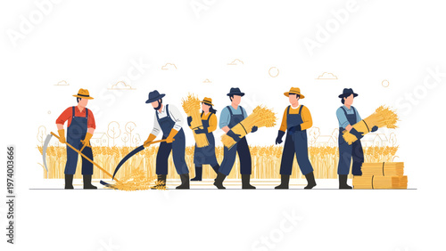 Harvest Time: A collection of diligent farmers in a golden wheat field, reaping a bounty of grains, a perfect depiction of rural life, and the season's prosperity.