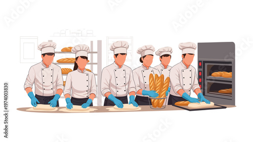 Baking Team at Work: A team of skilled bakers, dressed in classic attire, collaborating to craft fresh loaves of bread, symbolizing the art of bread-making.