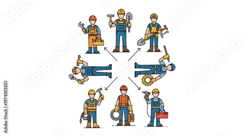 Construction Crew: This image illustrates a team of construction workers, each holding a different tool, symbolizing a complete workforce and various skills within the construction industry.
