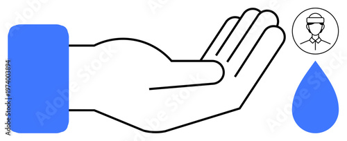 Personal hygiene, health care, virus prevention, hand cleansing, sanitation, clean water. A hand, droplet and protective-gear icon in a minimalistic style. Personal hygiene and health care concepts