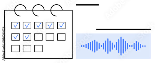 Task management concept. Task management by a calendar with checked tasks and audio waves for voice recording. Task management in productivity apps, project planning, voice tools, scheduling systems