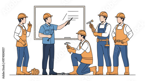 Construction Team Workshop: A construction crew gathers around a whiteboard during a workshop, engaged in a learning session. The atmosphere is focused and collaborative.