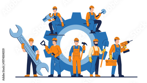 Team of workers with tools: A team of skilled workers, each wielding a unique tool, gathers around a large gear, symbolizing unity and precision in the realm of industry and construction. 