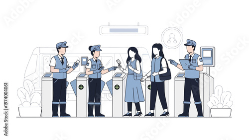 Queue at the Entrance: People in a line at the turnstiles and security, showing passes and tickets to enter the space. Showing a busy city day and the flow of people