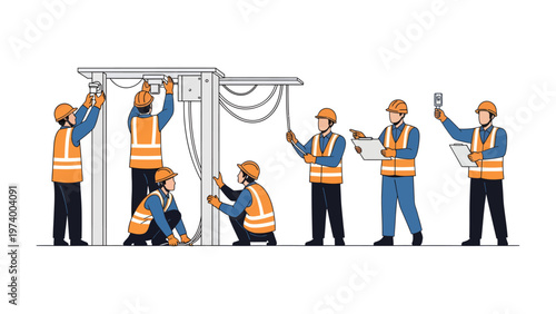 Electricians at Work: A team of skilled electricians collaborating on electrical wiring in a professional setting. They focused on precision and technical expertise for reliable energy distribution.