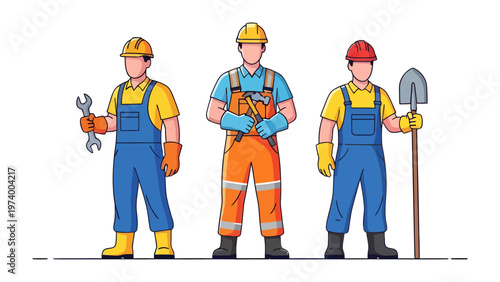 Craftsmen Trio: Three diligent construction workers, each holding tools of their trade, stand proudly, embodying the essence of skillful craftsmanship and dedication to their profession.