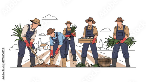 Harvesting Bounty: A dedicated team of farmers diligently work the land, reaping the rewards of their labor amidst a backdrop of rolling fields and a quaint farmhouse. 