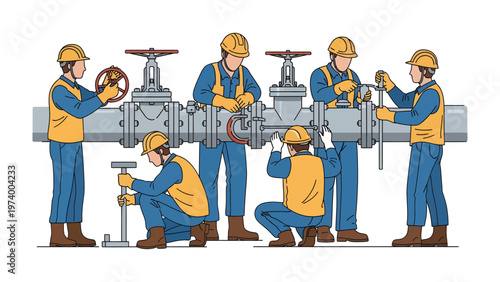 Pipeline Maintenance: A group of skilled workers diligently maintains a large pipeline system, showcasing teamwork and expertise in the industrial sector.