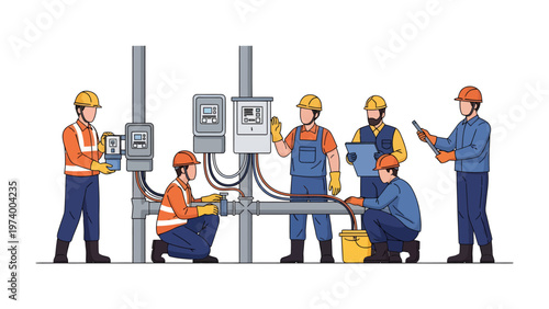 Electrical Teamwork: A group of skilled electrical workers collaborates on an intricate electrical installation, showcasing their expertise, precision, and dedication.
