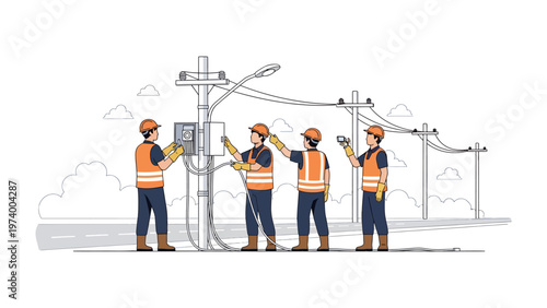 Electricians at Work: A team of skilled electricians are working diligently on a utility pole, ensuring the smooth flow of electricity in a residential area.