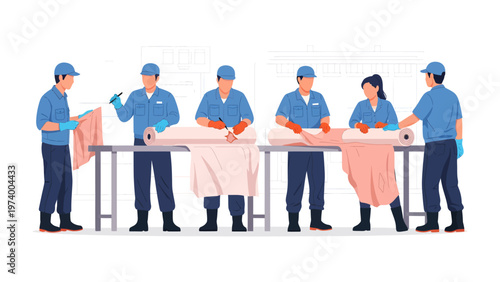 Textile Factory Workers: A group of textile factory workers are working together on production. Capturing the essence of teamwork and productivity