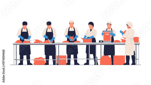 Meat Processing Workflow: A streamlined meat processing line, where workers diligently prepare and package food, showcasing the industry's efficiency and precision. 