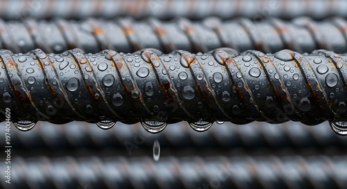 Rusty rebar with water droplets