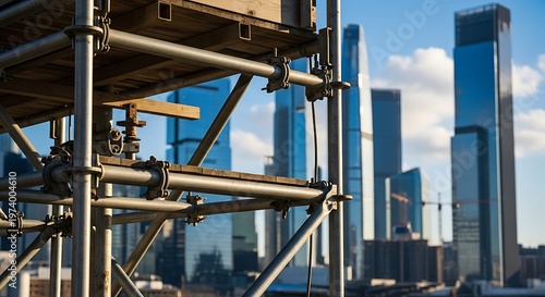 Scaffolding on a modern construction site with skyscrapers