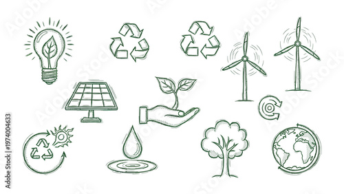 Eco-Friendly Icons: A collection of hand-drawn icons that represent environmental sustainability and eco-friendly practices, including renewable energy, recycling, and conservation.