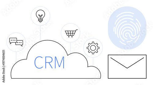 Customer relationship, business management, digital operations, cloud solutions, data security, online communication. Cloud with CRM text, fingerprint email and business icons. Customer